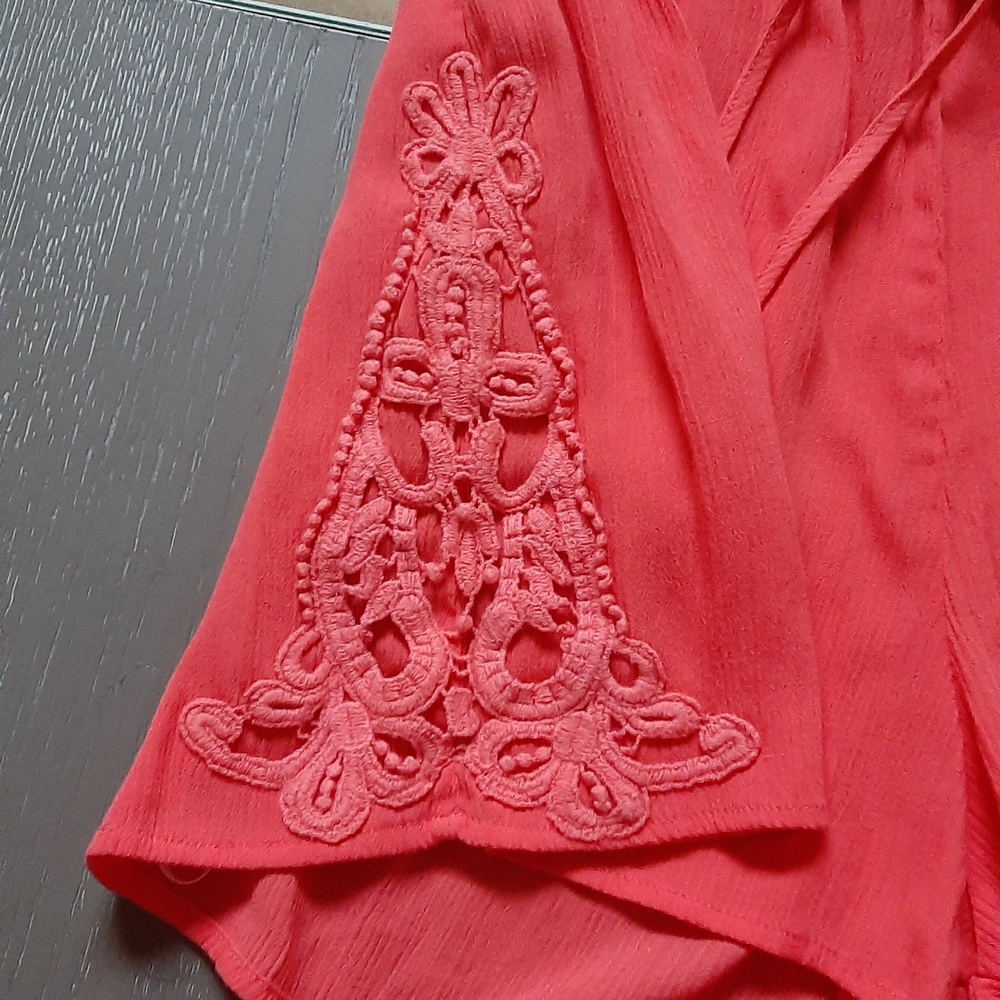 Elegant Coral Romper with Embroidery - Picture 5 of 11